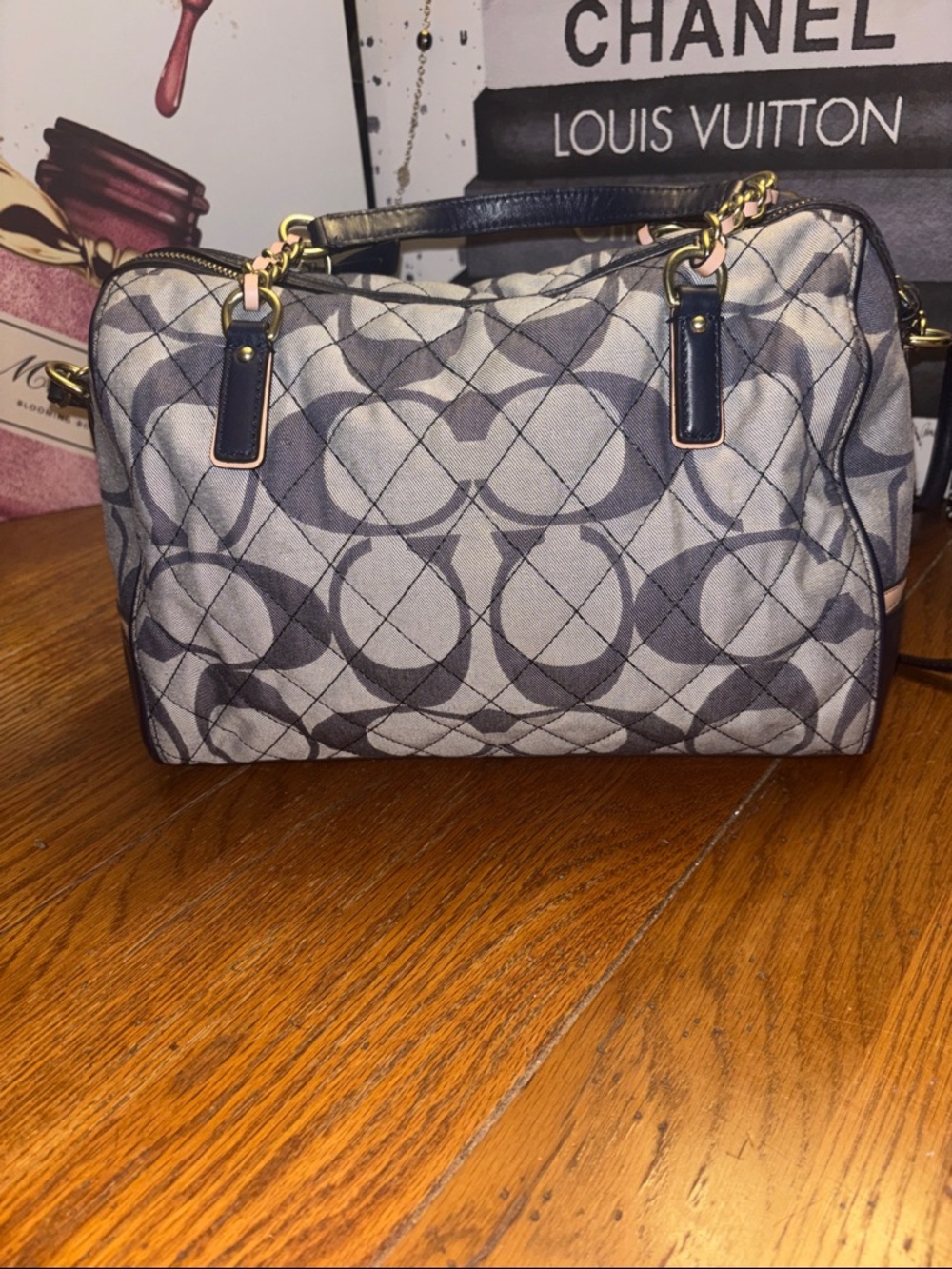 Coach Signature Quilted Convertible Tote Bag 25072 Gray Navy Crossbody - Picture 9 of 13